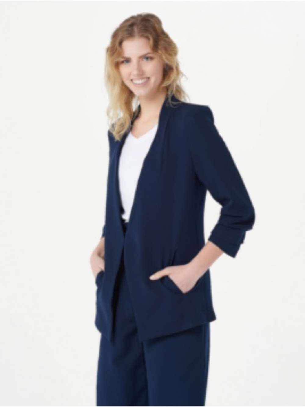 bishop + young Navy Open-Front Blazer with Three-Quarter Sleeves